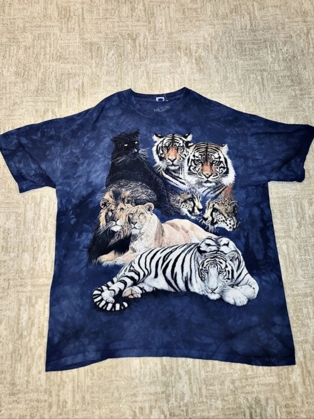 Vintage Big Cats Graphic T-shirt Navy Tie Die Men's Size 2 Xtra Large Good Condi